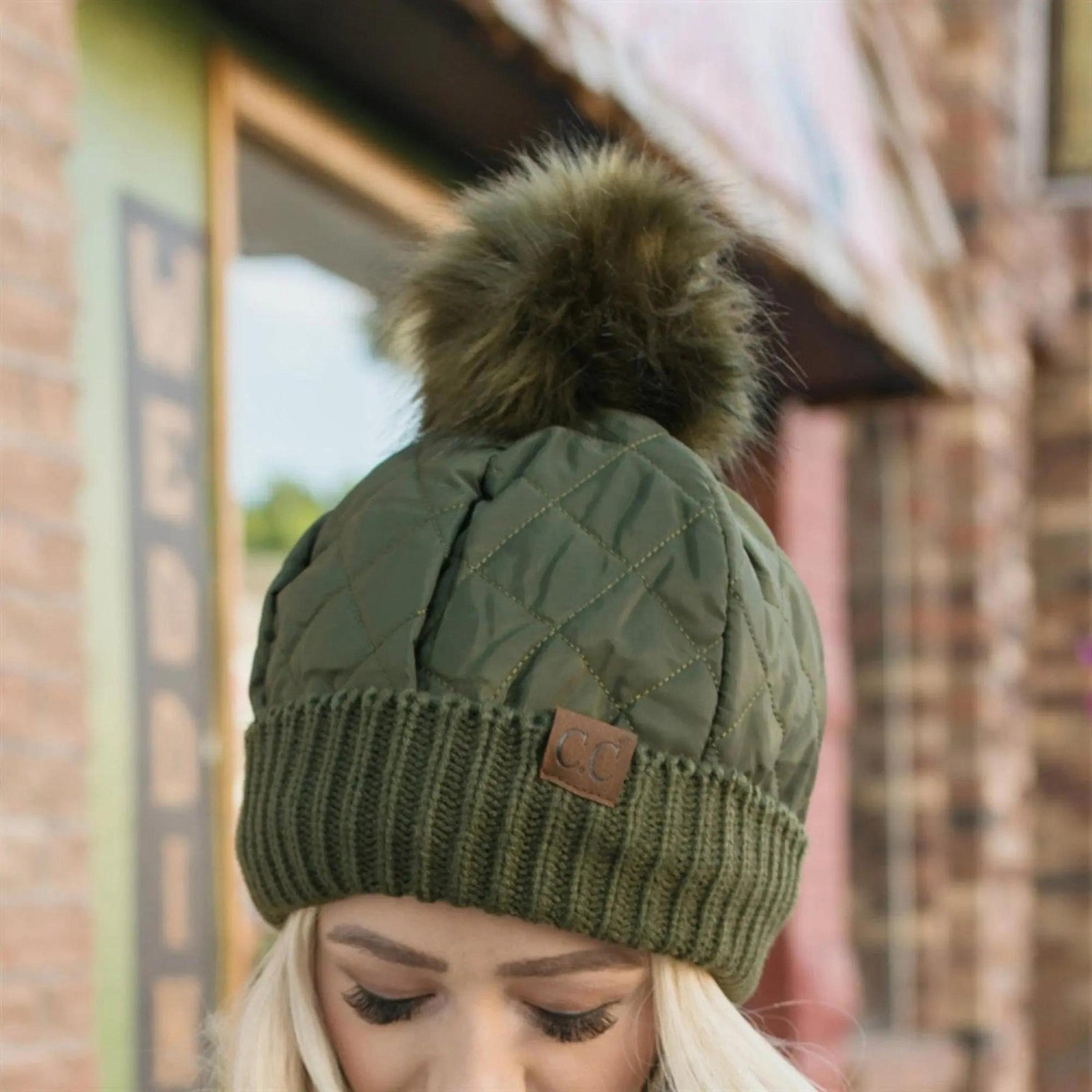 CC Quilted Puffer with Detachable Pom Beanies Hats - Truly Contagious