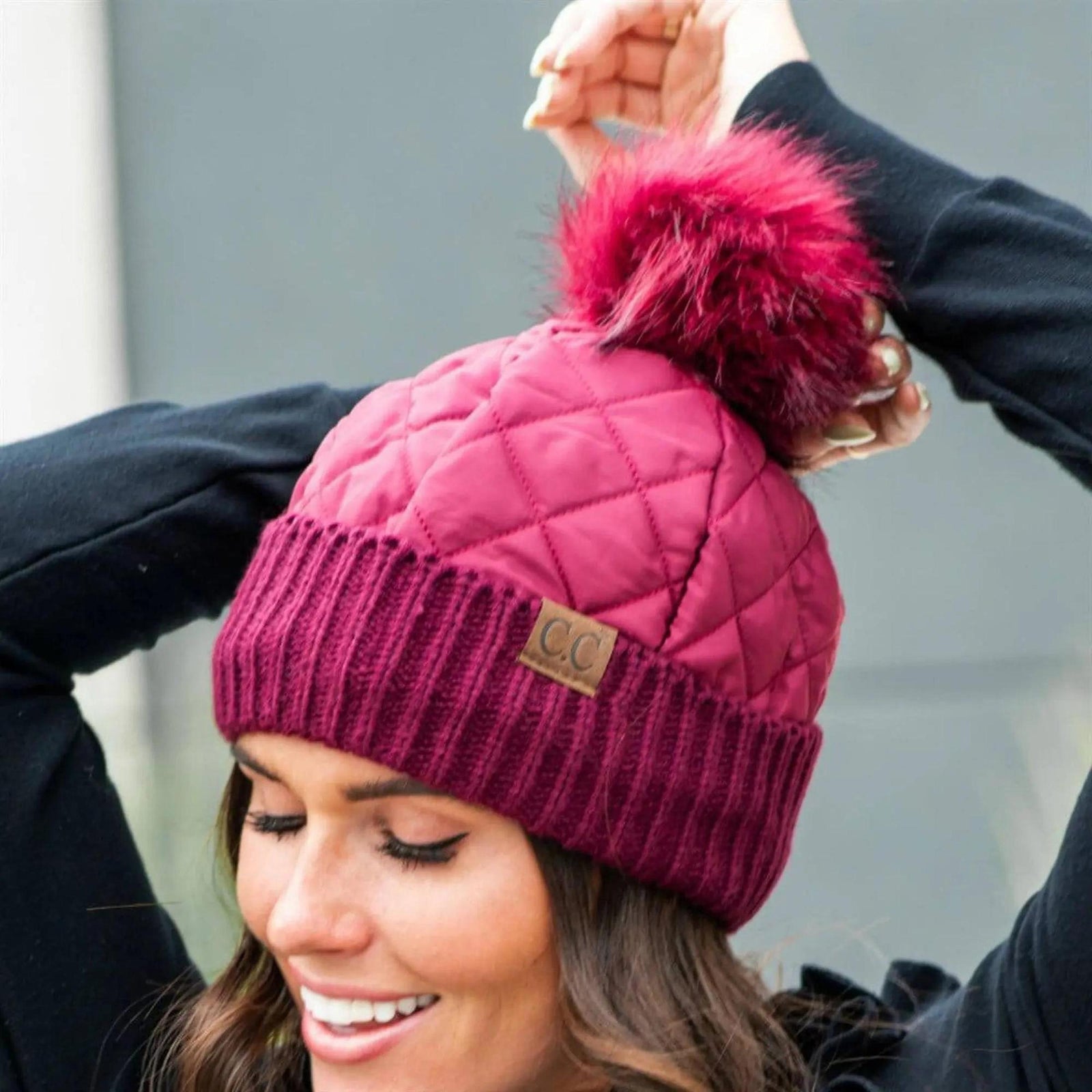 CC Quilted Puffer with Detachable Pom Beanies Hats - Truly Contagious
