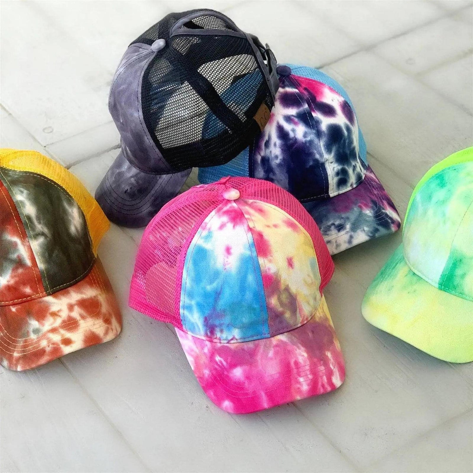 CC Tie - Dye Messy Bun Pony Cap Women, Teens and Kids Trucker Hats - Truly Contagious