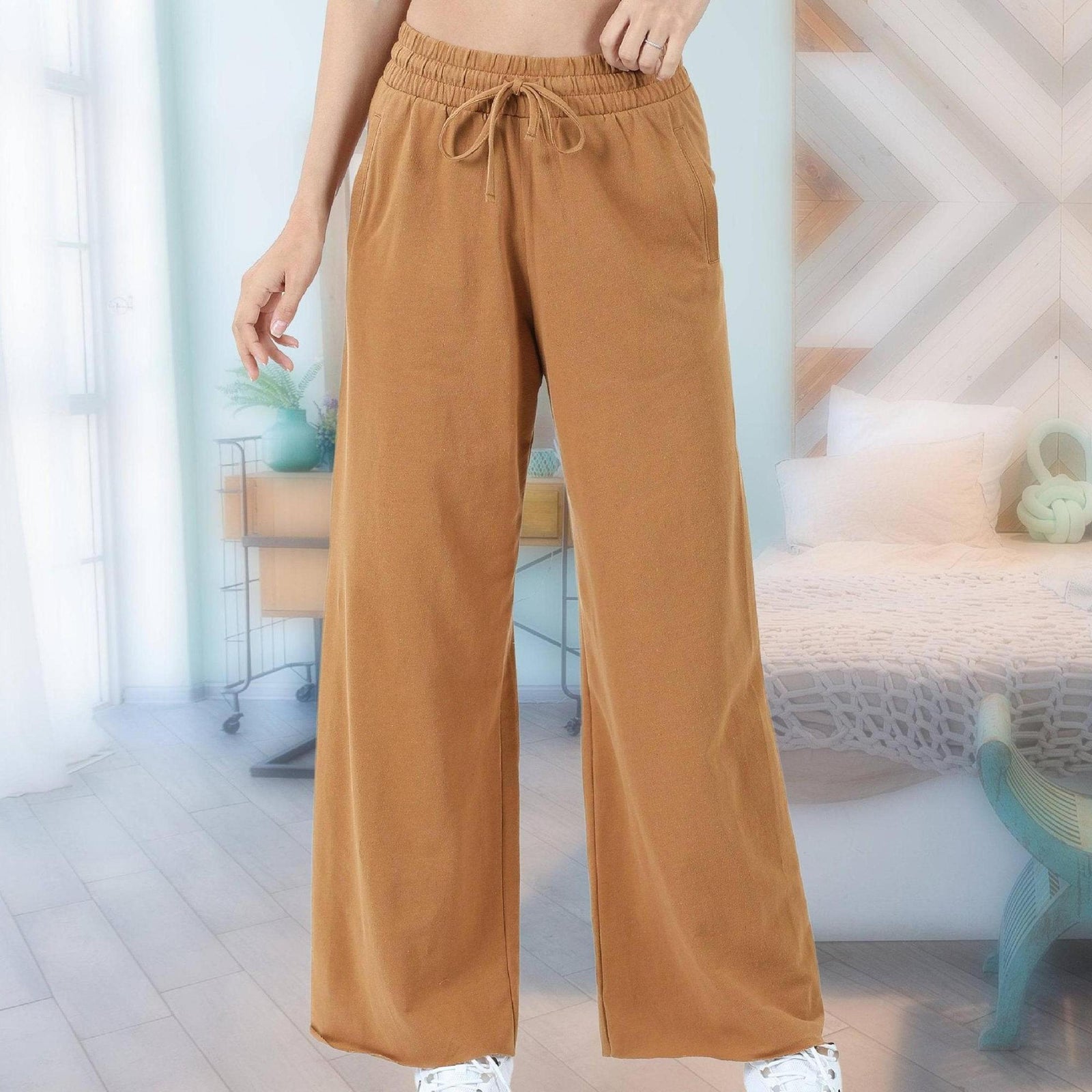 French Terry Drawstring Waist Raw Edge Hem Pants - Truly Contagious