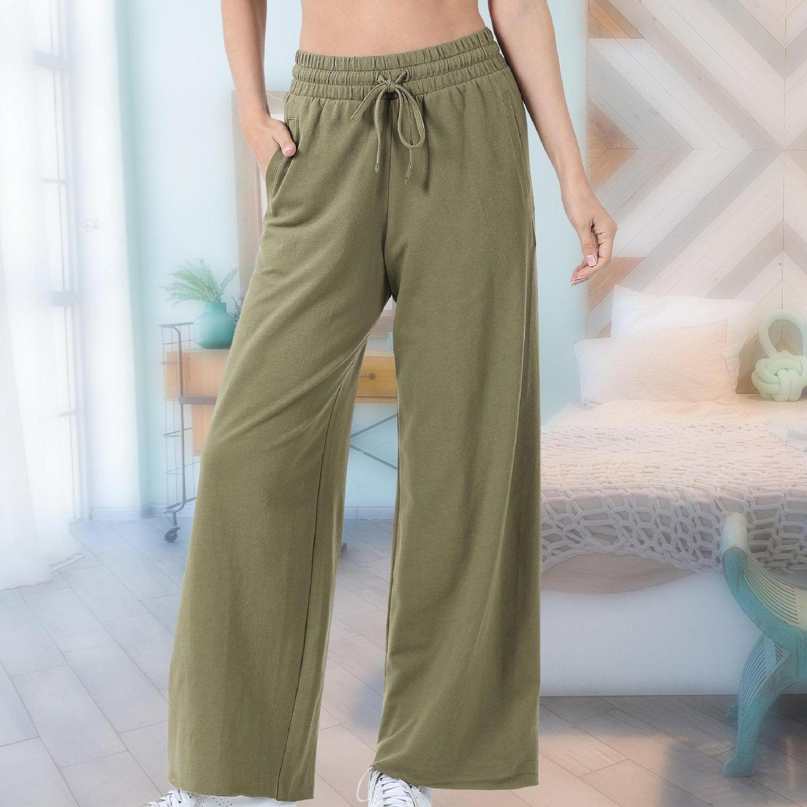 French Terry Drawstring Waist Raw Edge Hem Pants - Truly Contagious