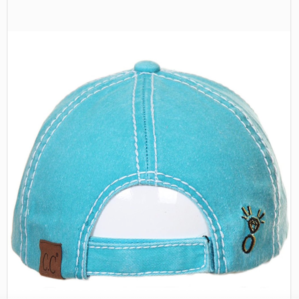 Light blue baseball cap with white back and brown patch on a white background