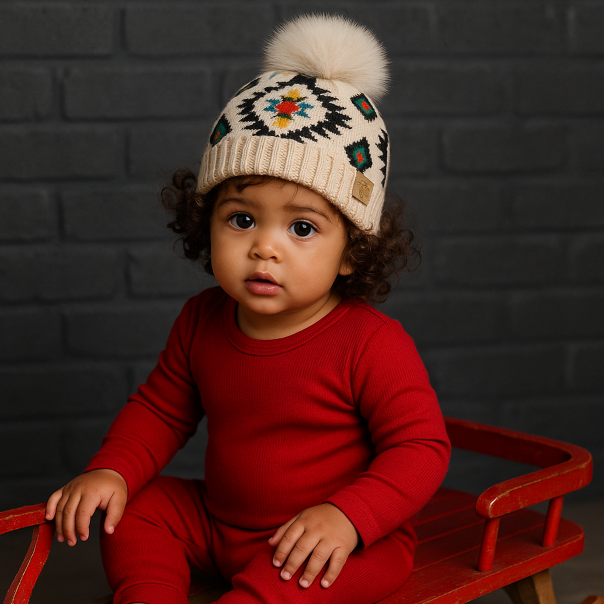 Child wearing a red outfit and patterned hat sitting on a red sled against a dark brick wall.