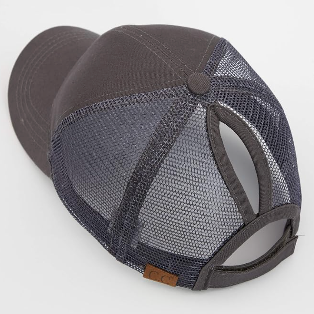 Gray mesh cap with a brand logo on a white background