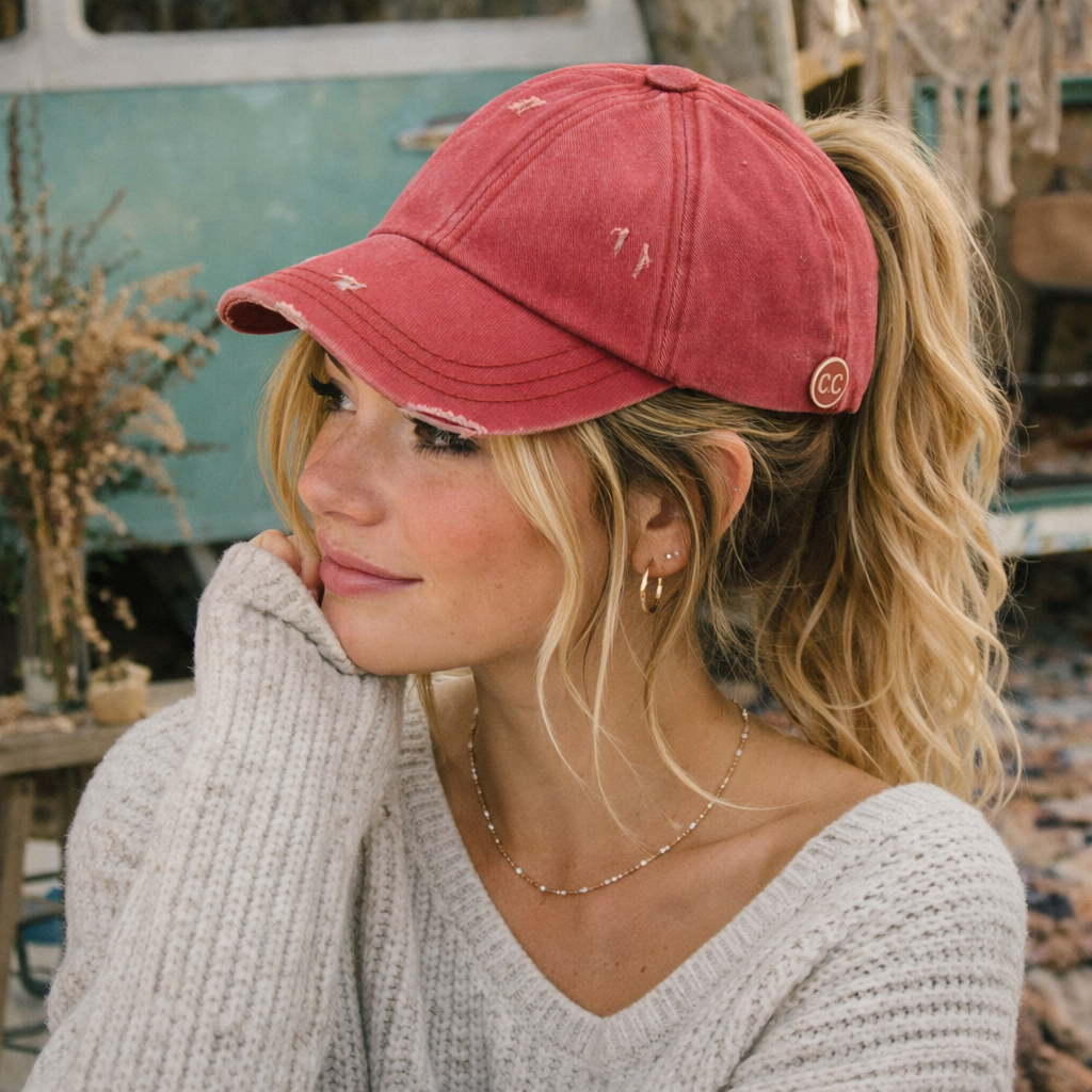 C.C® Criss Cross Ponytail Cap - Women's Cotton Baseball Hat for Ponytails & Braids
