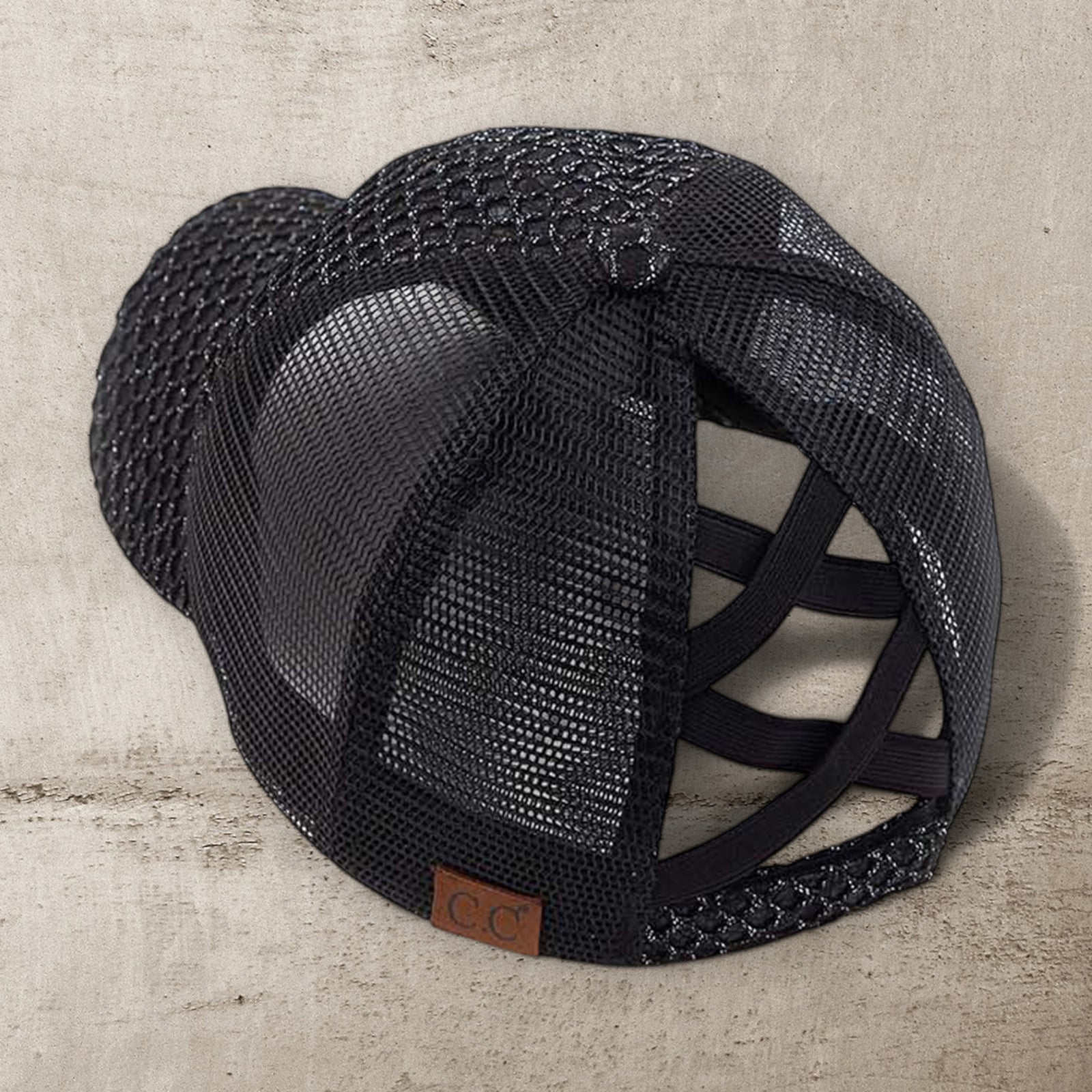 CC Textured Faux Leather Pony Hats Criss Cross Style Women Cap for Ponytails