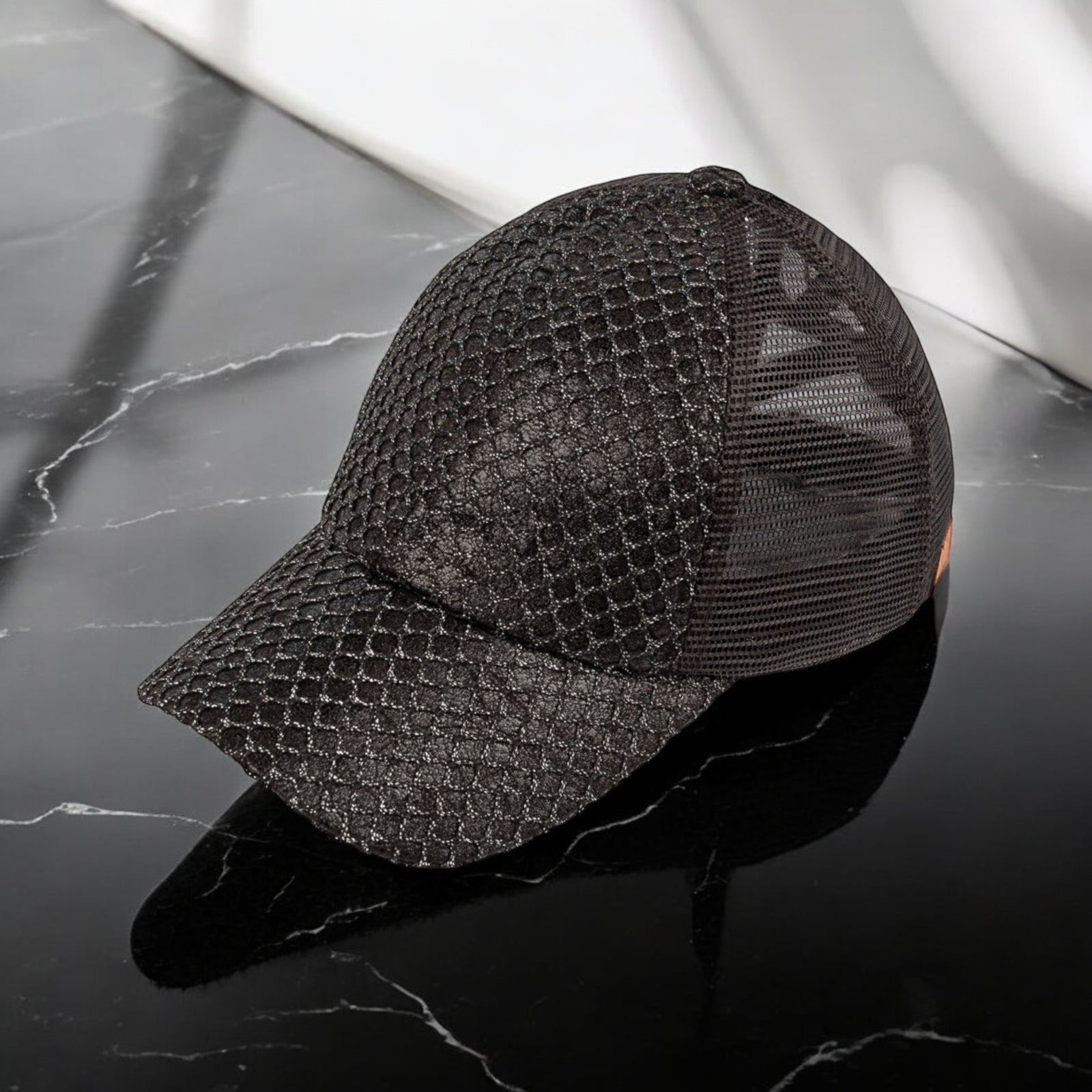 CC Textured Faux Leather Pony Hats Criss Cross Style Women Cap for Ponytails