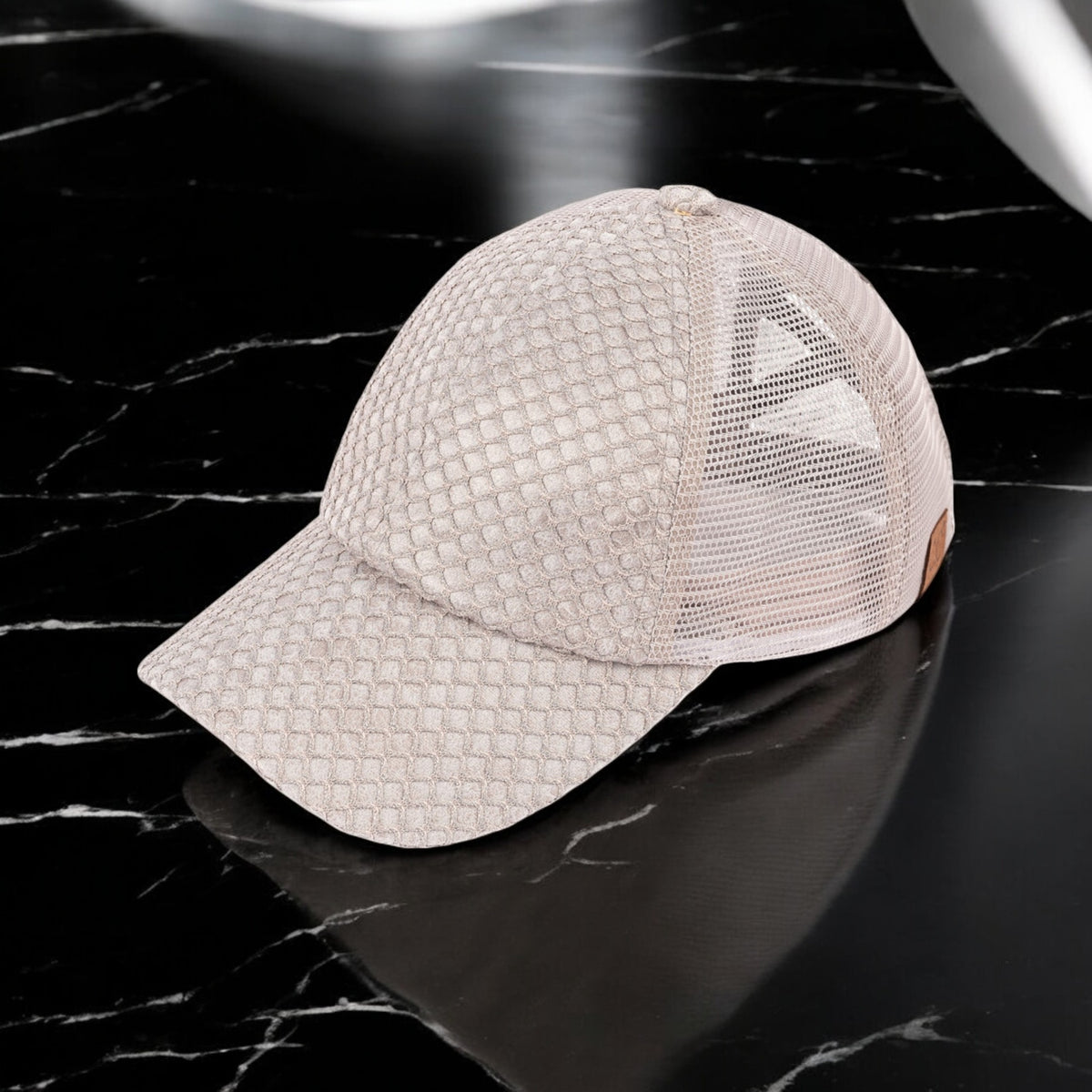 CC Textured Faux Leather Pony Hats Criss Cross Style Women Cap for Ponytails