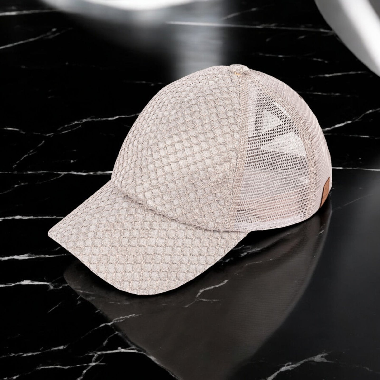 CC Textured Faux Leather Pony Hats Criss Cross Style Women Cap for Ponytails