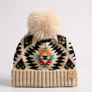 Southwestern Baby/Toddler CC® Beanie with Plush Pom – Slouchy or Fold-Up Cuff, One Size Newborn–12M