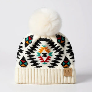 Southwestern Baby/Toddler CC® Beanie with Plush Pom – Slouchy or Fold-Up Cuff, One Size Newborn–12M