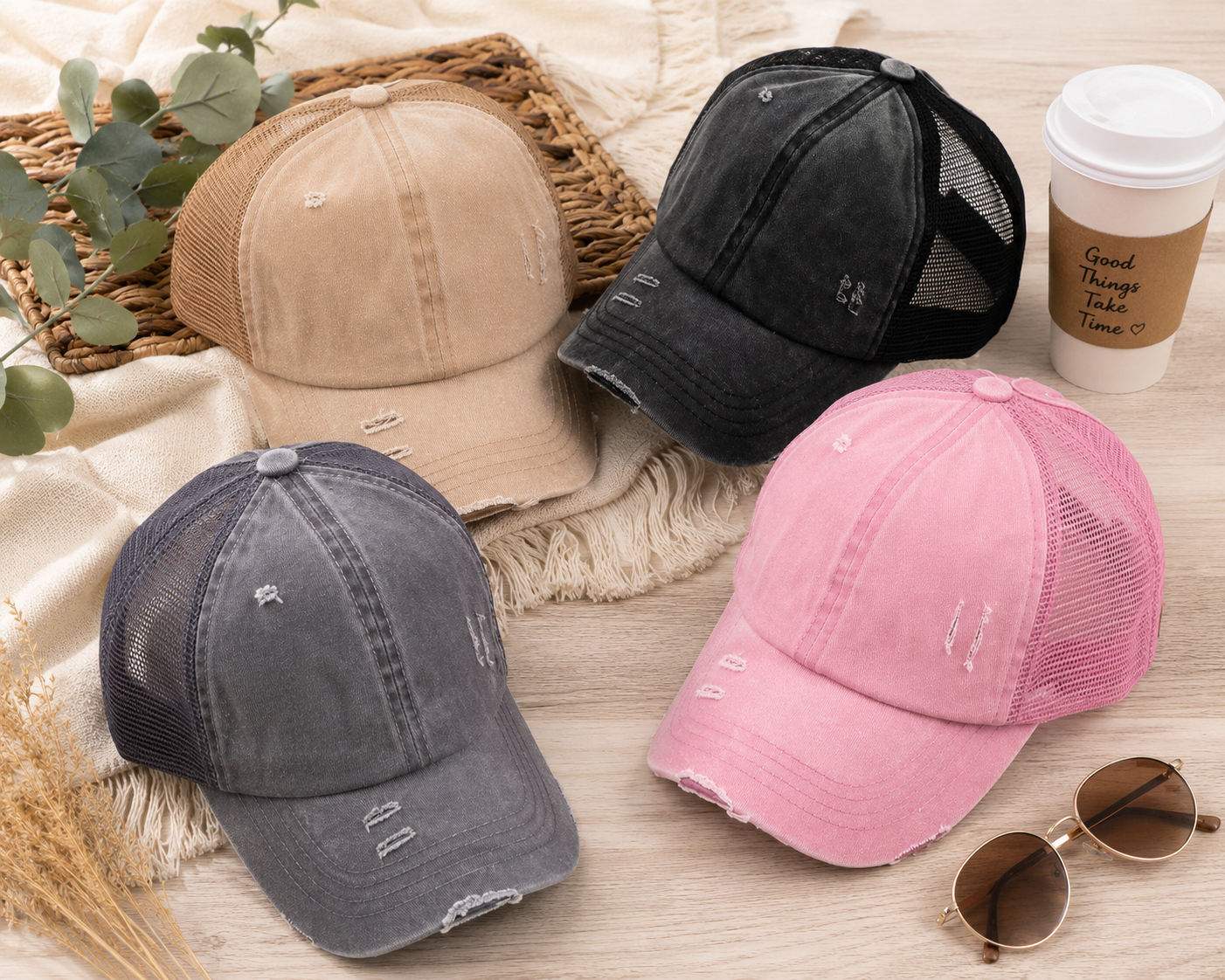 Women's Distressed Mesh Back Pony Cap