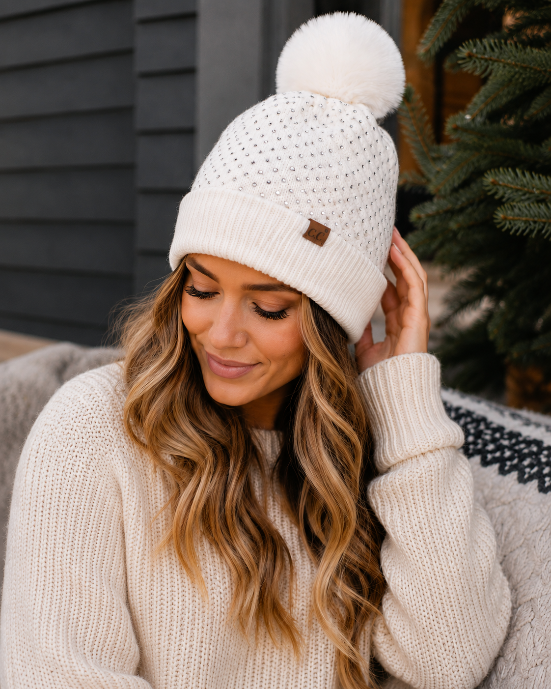 CC Beanie Allover Rhinestone Pom Hats