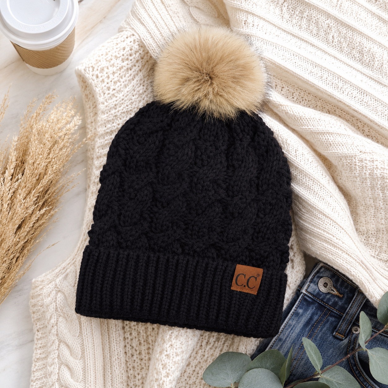 C.C Ribbed Knit Beanie with Pom