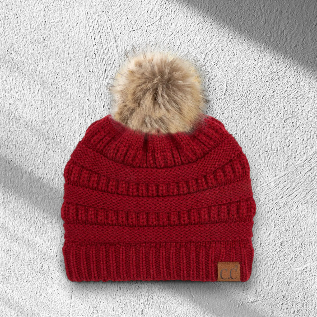 C.C® Trending Cable-Knit Tan Pom Beanie - Unisex Soft Acrylic Winter Hat, One Size