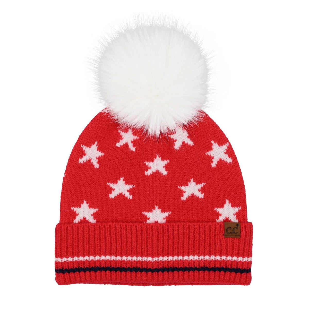 Red knit beanie with white star patterns and a white pom-pom on a white background
