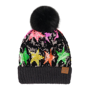 CC Neon Star Sequin Faux Fur Pom Beanie | Adult and Kid Sizes - Truly Contagious