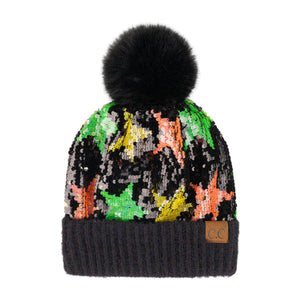 CC Neon Star Sequin Faux Fur Pom Beanie | Adult and Kid Sizes - Truly Contagious