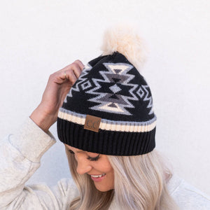 CC South Western Pattern Faux Fur Pom Beanie | Adult and Kid Sizes - Truly Contagious