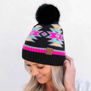 CC South Western Pattern Faux Fur Pom Beanie | Adult and Kid Sizes - Truly Contagious