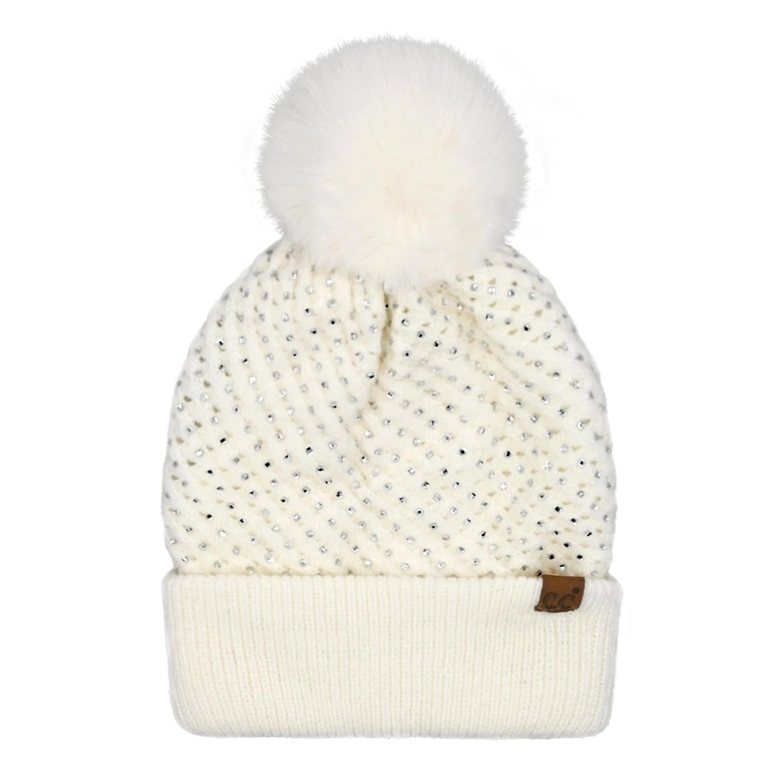 HTE0101 All Over Rhinestone Pom Beanie