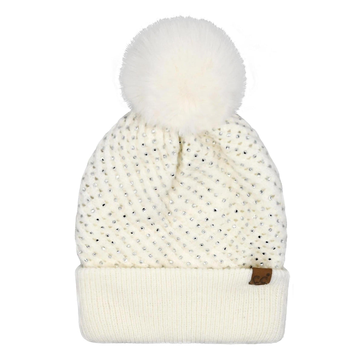 Truly Contagious white knit beanie with allover rhinestone embellishments and a large white faux fur pom pom. HTE0101-White