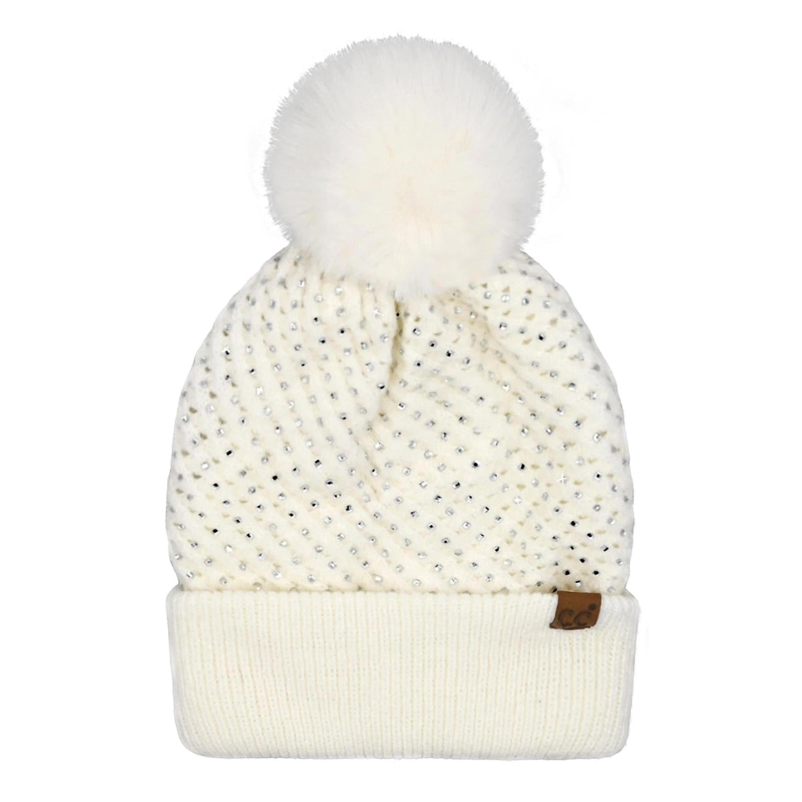 Truly Contagious white knit beanie with allover rhinestone embellishments and a large white faux fur pom pom. HTE0101-White