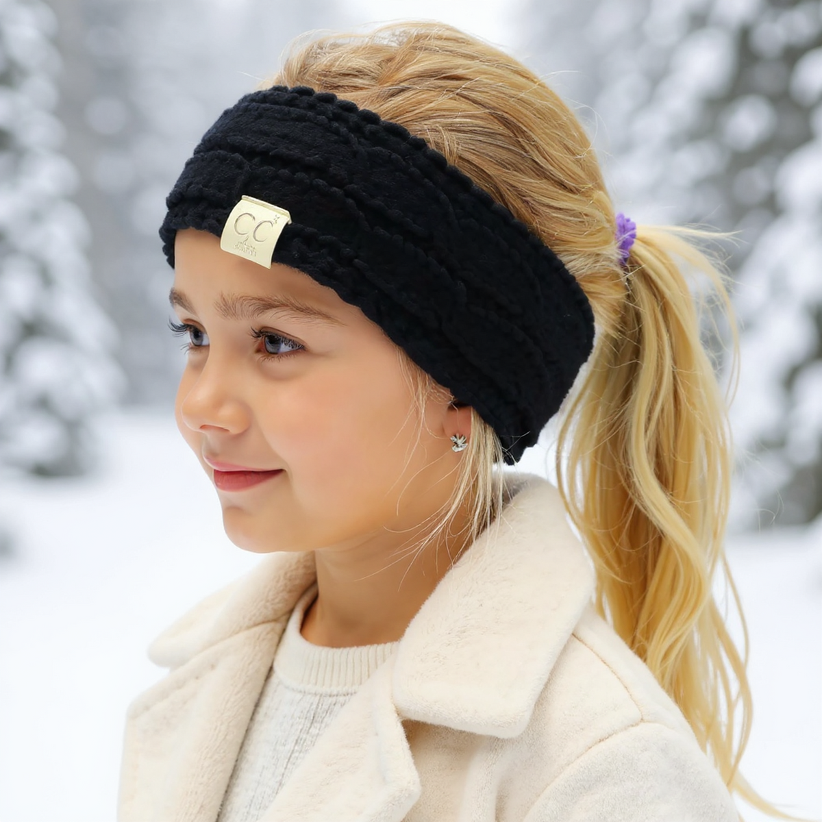 Young girl wearing a black knitted headband with a gold logo in a snowy outdoor setting