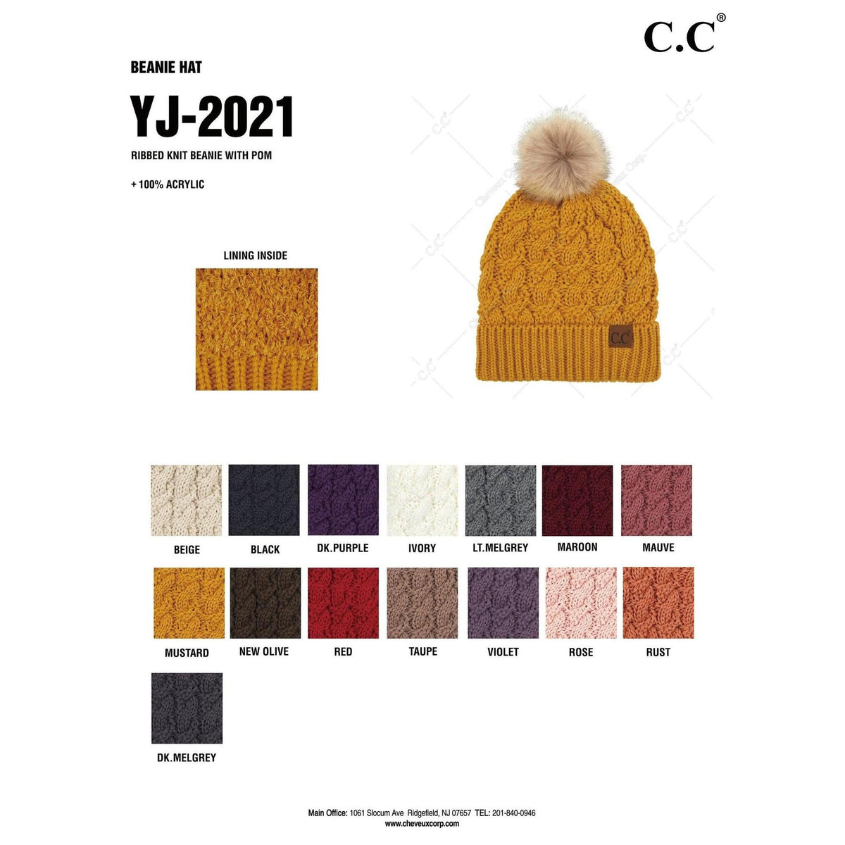 C.C Ribbed Knit Beanie with Pom
