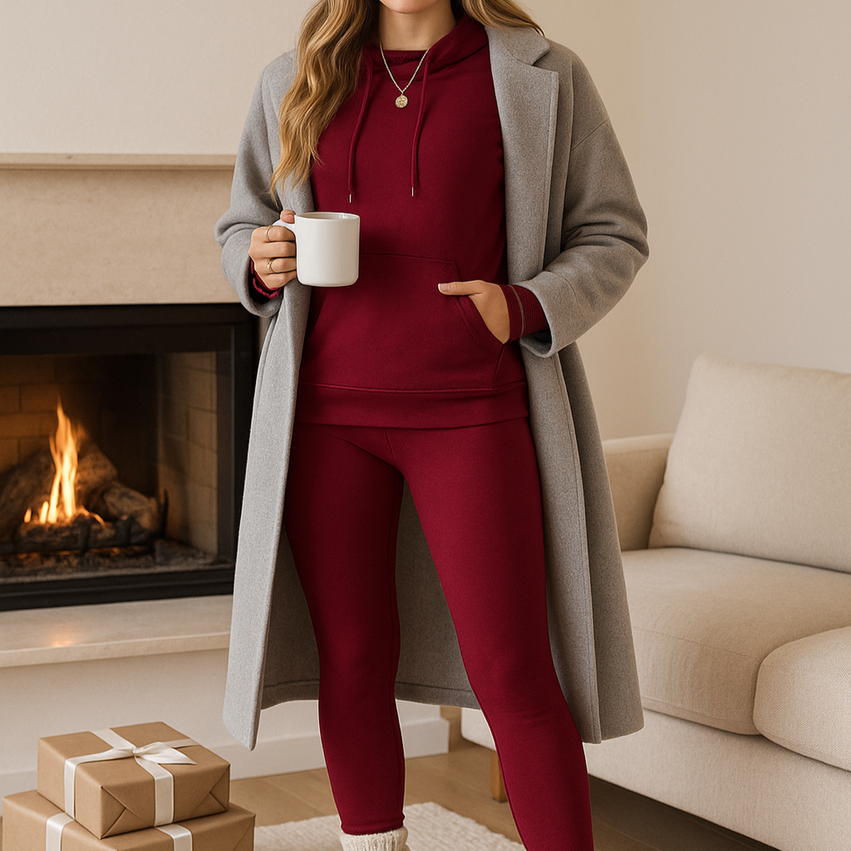 Woman in red outfit with gray coat holding a mug in a cozy living room.