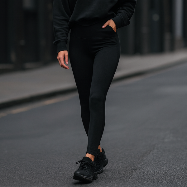Woman in black buttery soft high waist leggings outfit walking on a city street