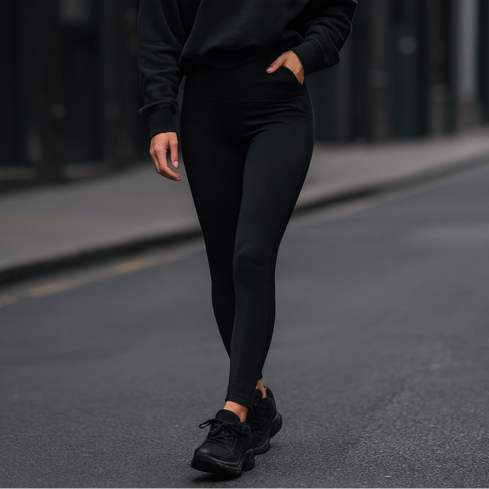 Woman in black buttery soft high waist leggings outfit walking on a city street