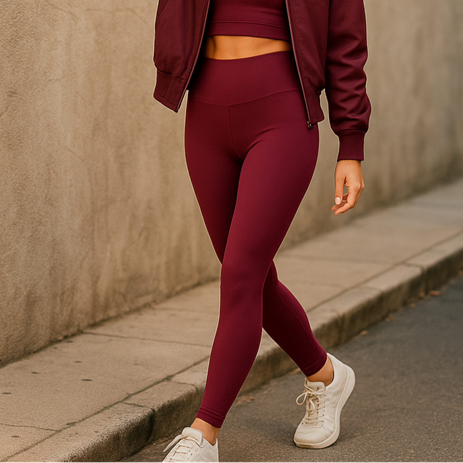 Woman in maroon athletic wear walking in buttery soft burgundy leggings on a sidewalk.