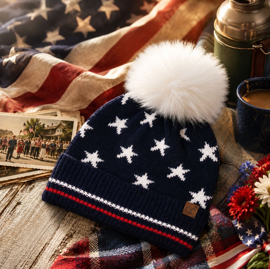 All Over Star and Stripe Cuff Pom Beanie