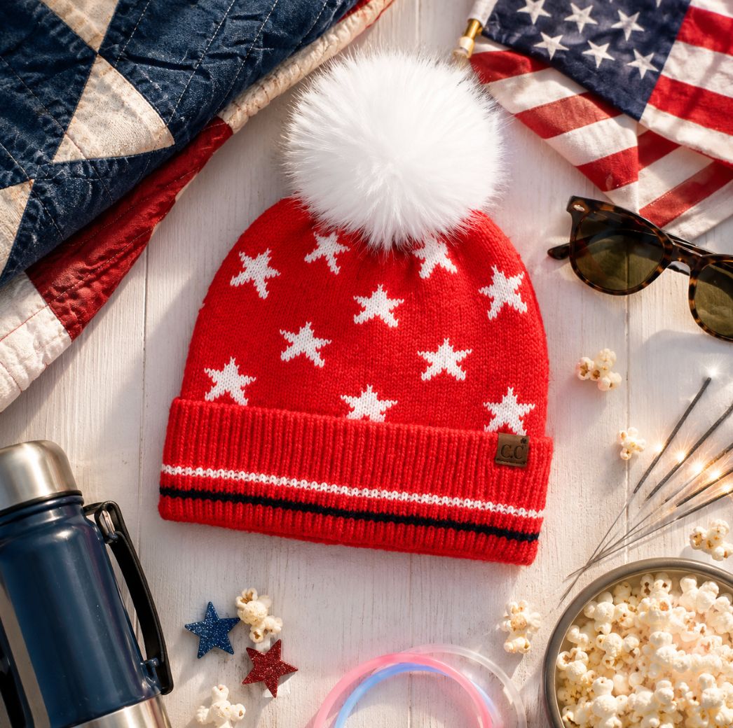 All Over Star and Stripe Cuff Pom Beanie