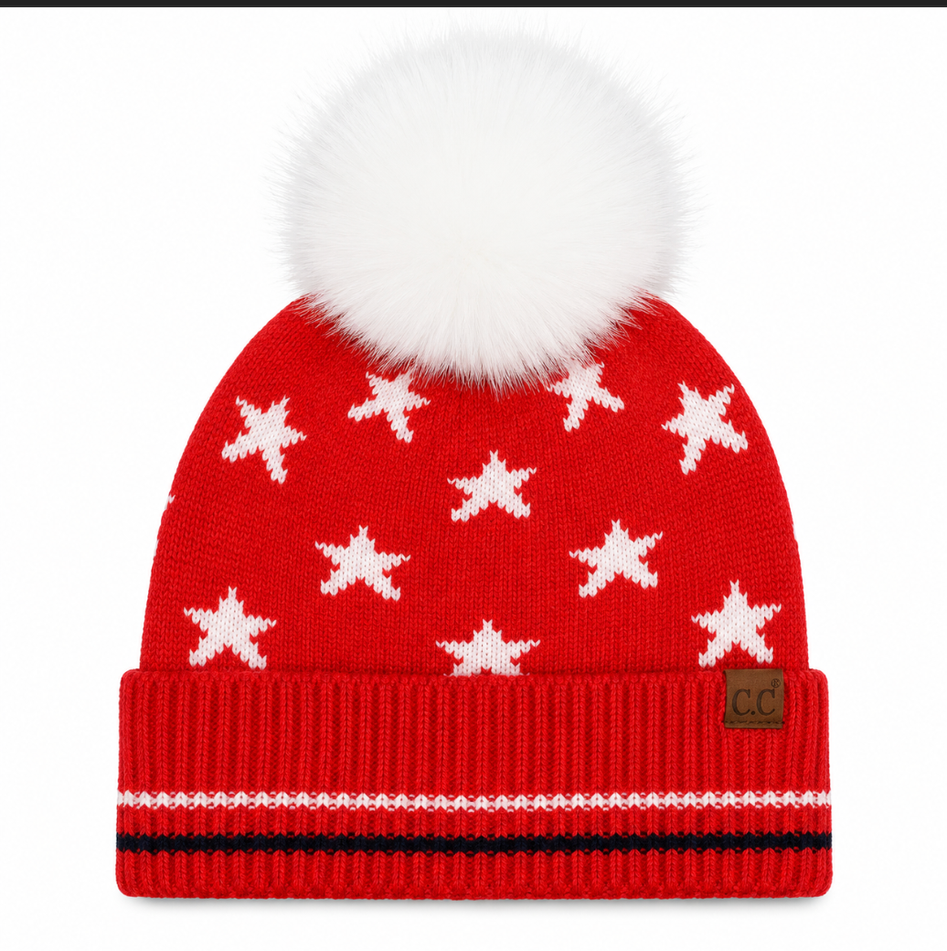 All Over Star and Stripe Cuff Pom Beanie