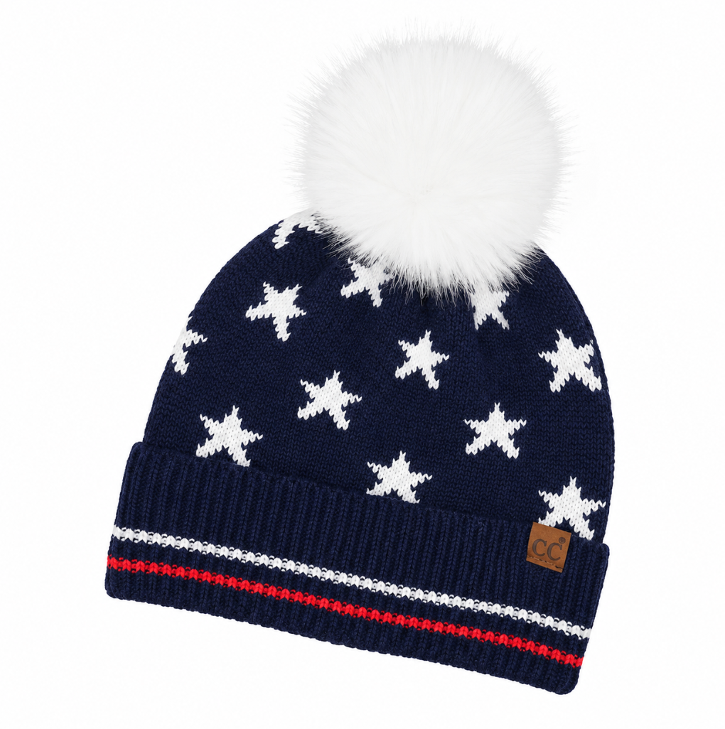 All Over Star and Stripe Cuff Pom Beanie