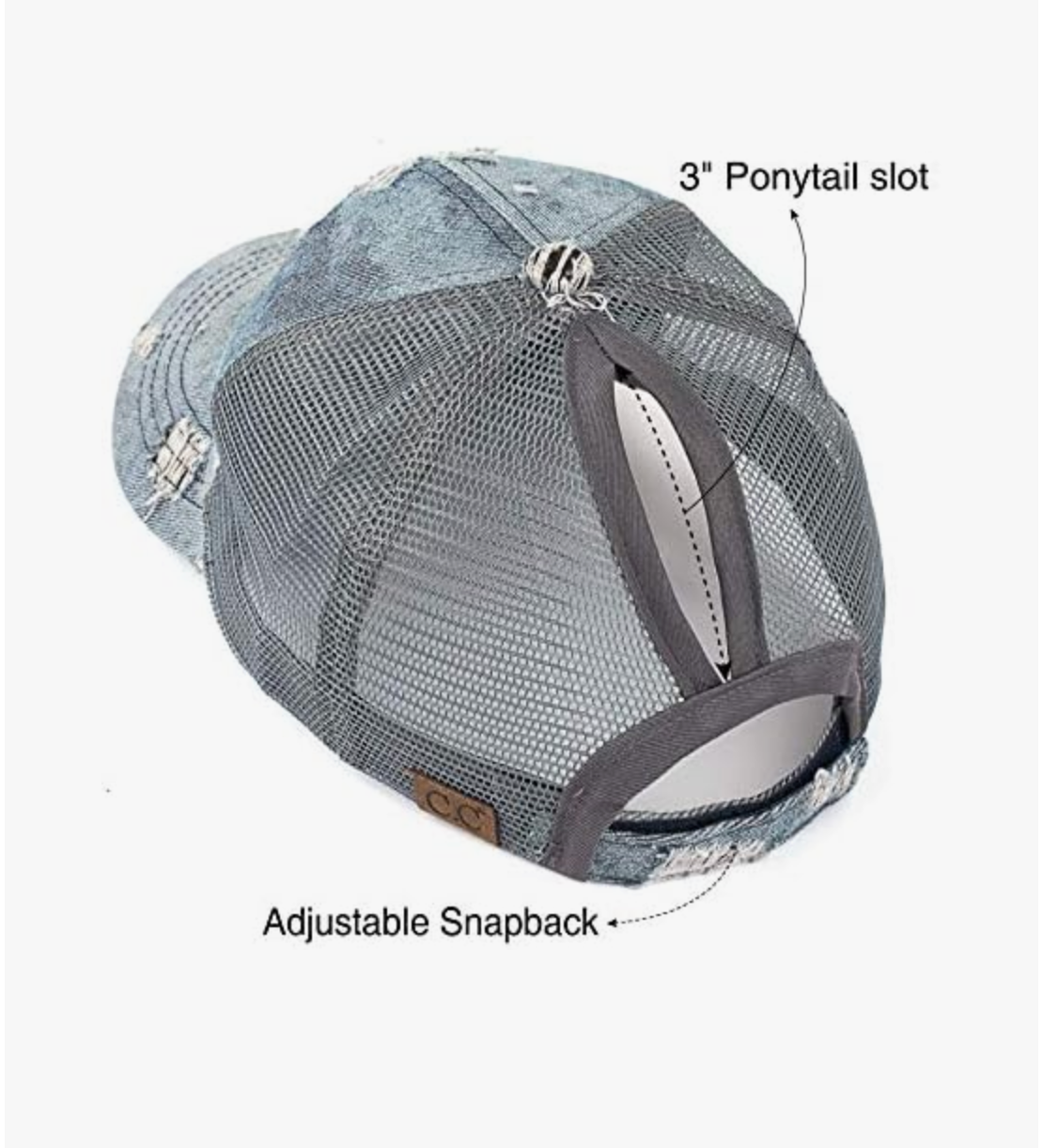 CC Destroyed Denim Messy Bun Pony Cap Women, Teens and Kids Trucker Hats