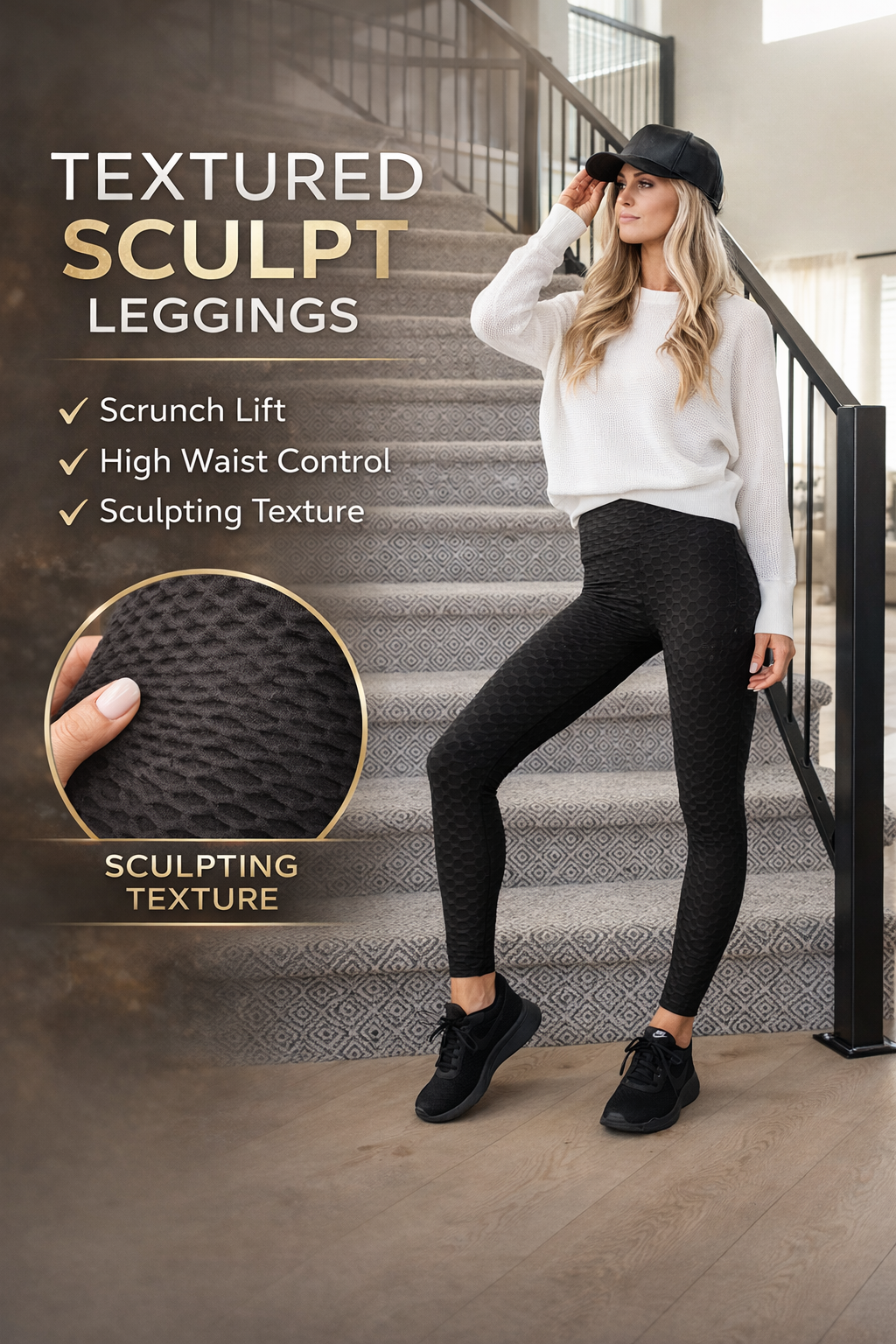 Women's High Waist Textured Sculpting Leggings - Smoothing Honeycomb Design
