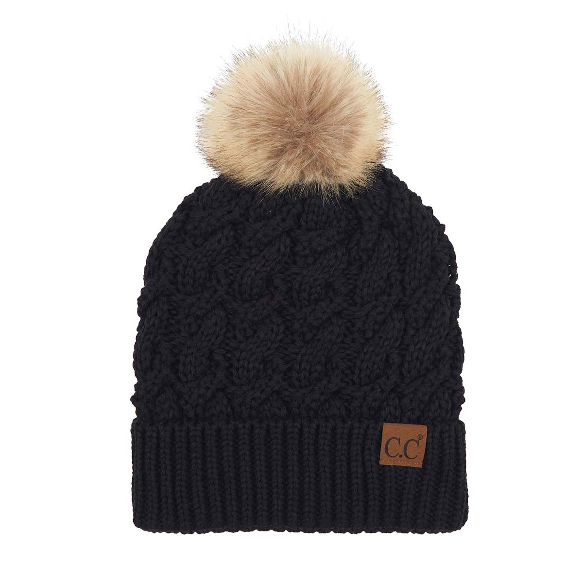 C.C Ribbed Knit Beanie with Pom