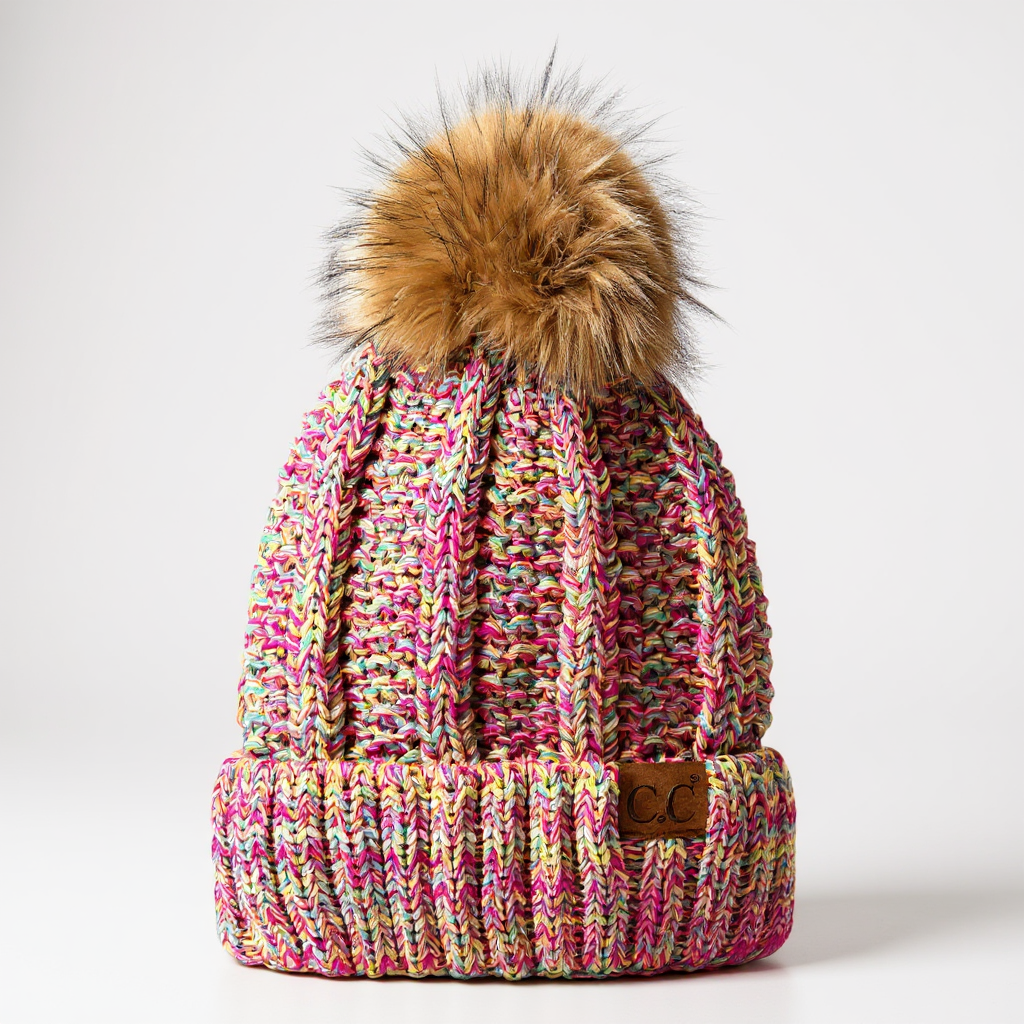 CC Multi-Color Faux Fur Pom Beanie