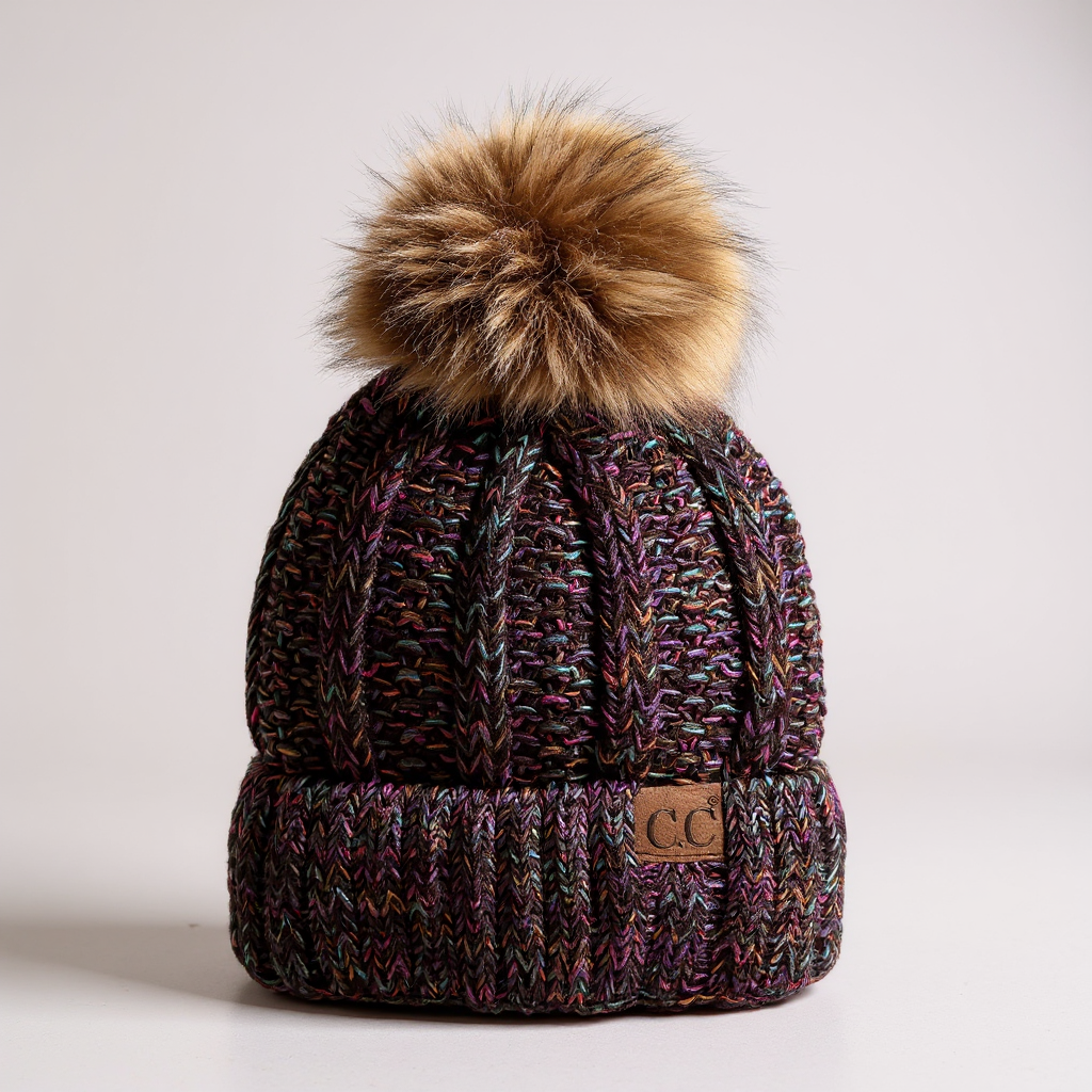 CC Multi-Color Faux Fur Pom Beanie
