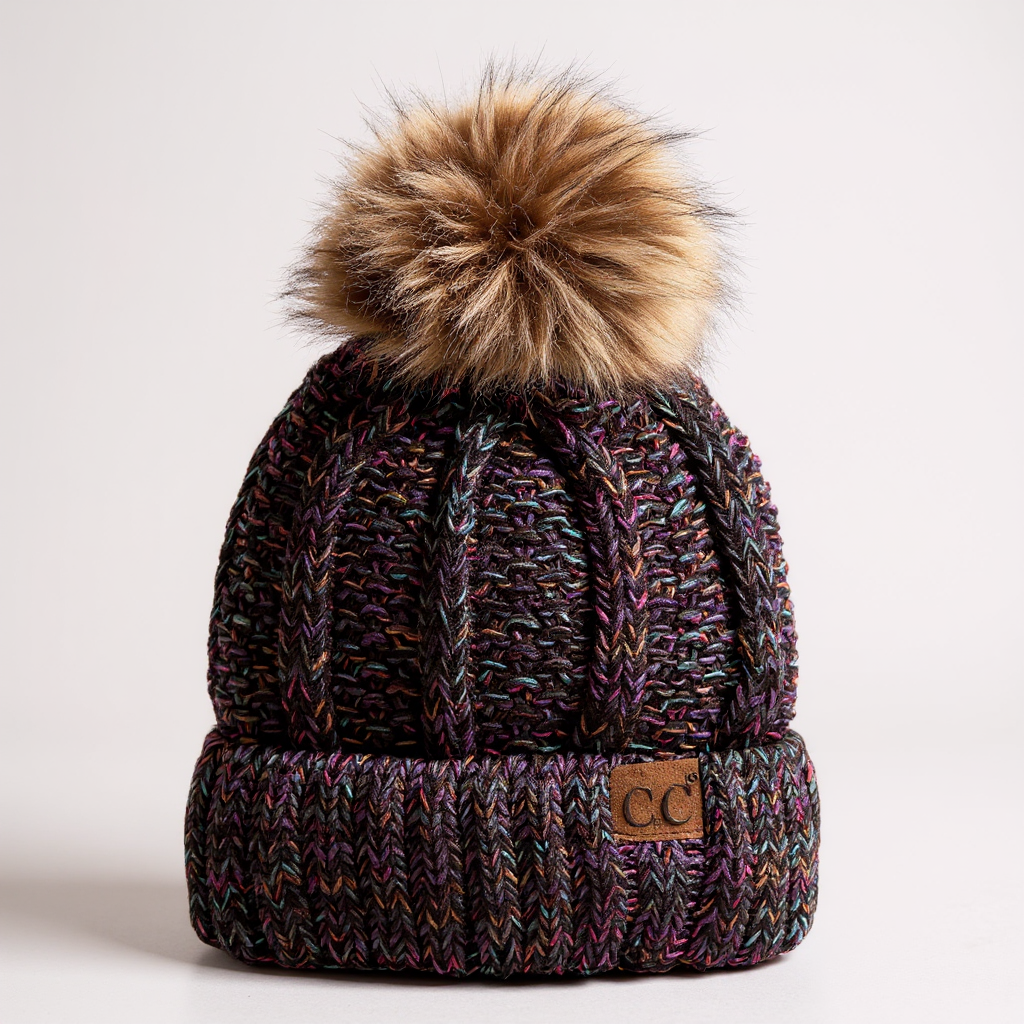 CC Multi-Color Faux Fur Pom Beanie
