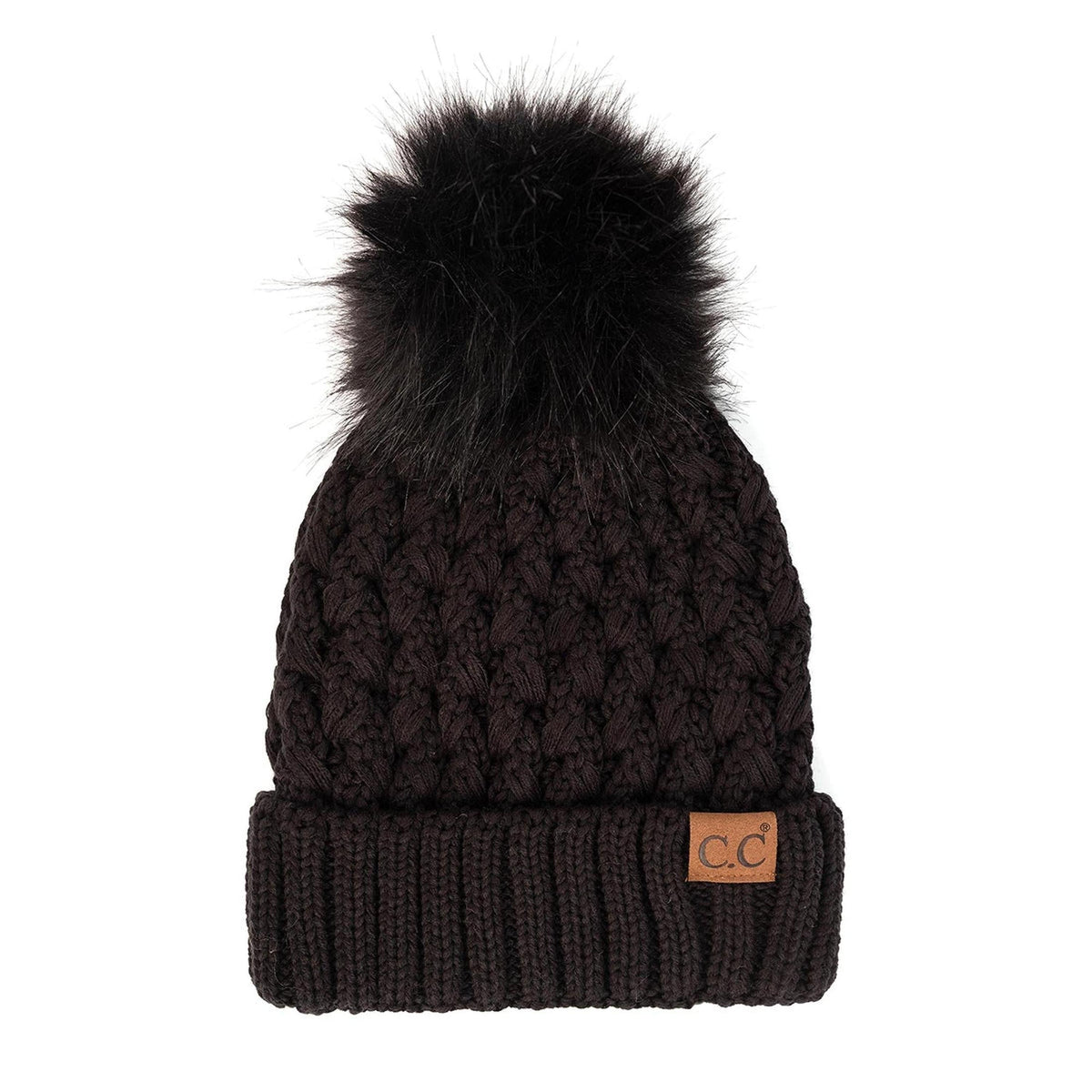 C.C Lattice Cross Over Stitch Pattern Beanie with Pom