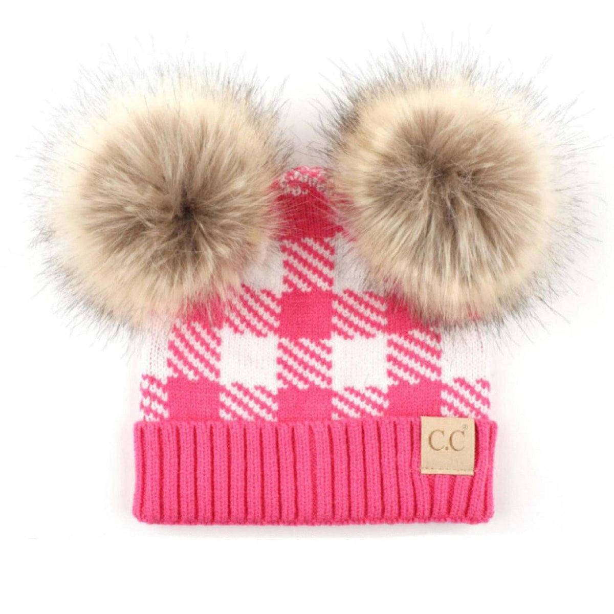 CC Baby and Kids Buffalo Plaid Double Pom Beanies Hats - Truly Contagious