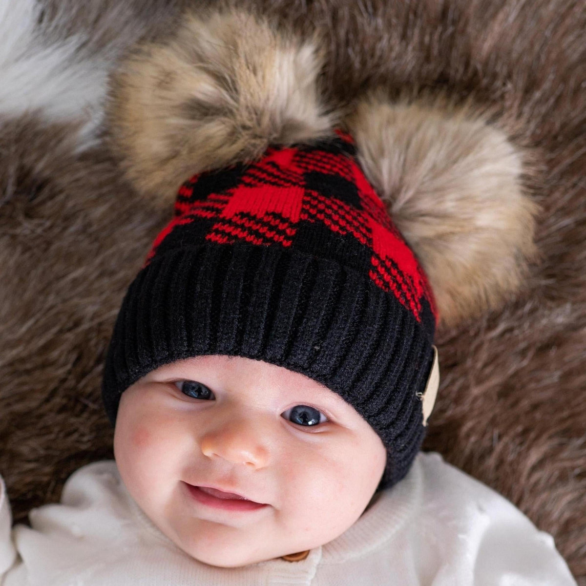 CC Baby and Kids Buffalo Plaid Double Pom Beanies Hats - Truly Contagious