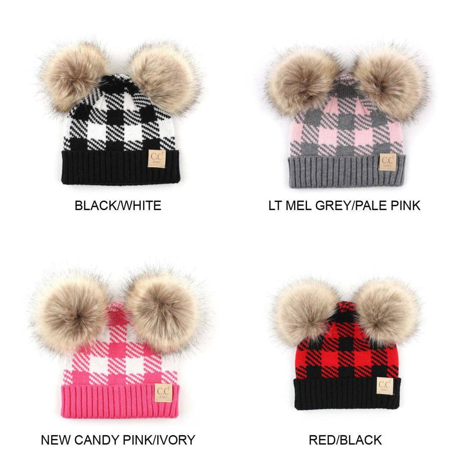 CC Baby and Kids Buffalo Plaid Double Pom Beanies Hats - Truly Contagious