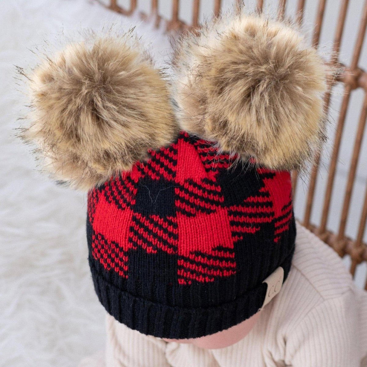 CC Baby and Kids Buffalo Plaid Double Pom Beanies Hats - Truly Contagious