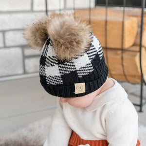 CC Baby and Kids Buffalo Plaid Double Pom Beanies Hats - Truly Contagious