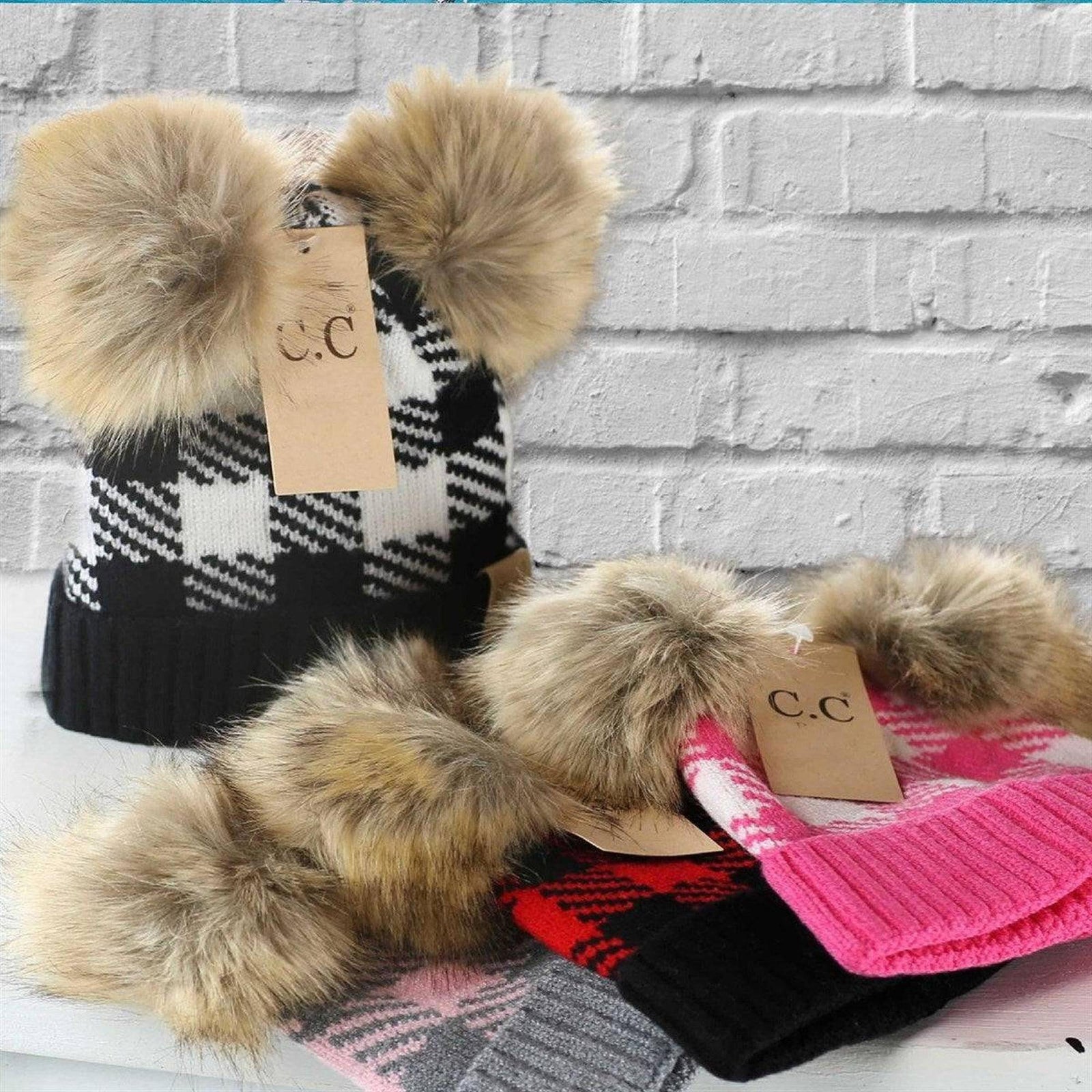 CC Baby and Kids Buffalo Plaid Double Pom Beanies Hats - Truly Contagious